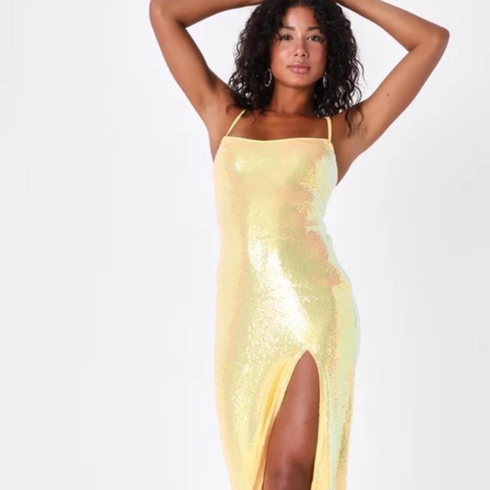 Lulus Yellow Sequin Lace-Up Maxi Dress